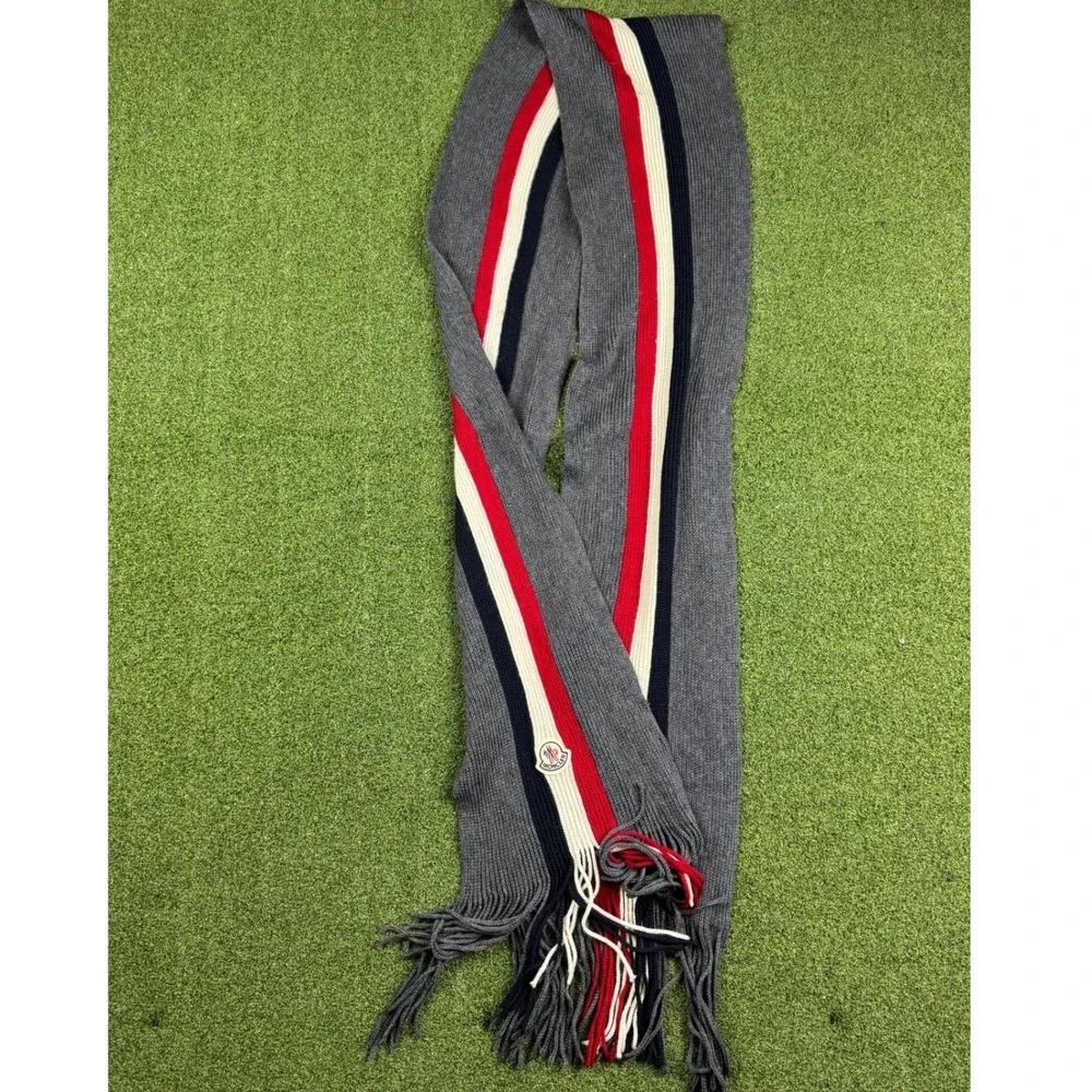 Moncler Wool Scarf Gray Red‎ Navy Stripe Logo Fringe Unisex - Picture 4 of 16
